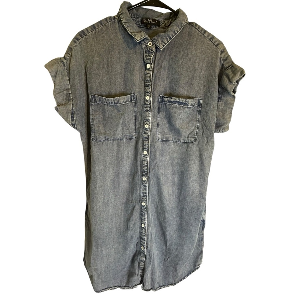 Velvet Heart Chambray Denim Shirt Dress Womens XL Blue Pocket Front Short Sleeve